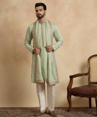Men's green silk blend embroidered sequin kurta with dupatta – trendy festive & wedding wear 2