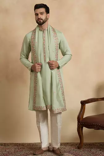 Men's green silk blend embroidered sequin kurta with dupatta trendy festive & wedding wear