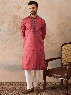 Men's pink silk blend embroidered solid kurta with trousers – trendy festive & wedding wear 5