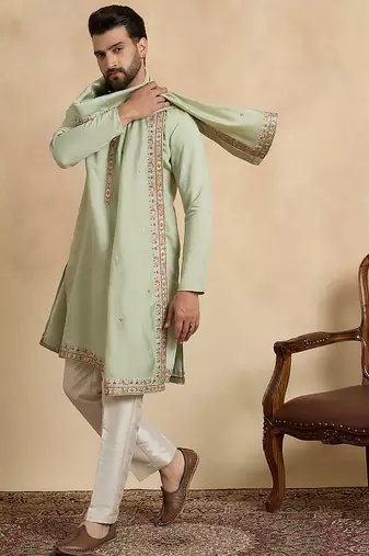 Men's green silk blend embroidered sequin kurta with dupatta trendy festive & wedding wear
