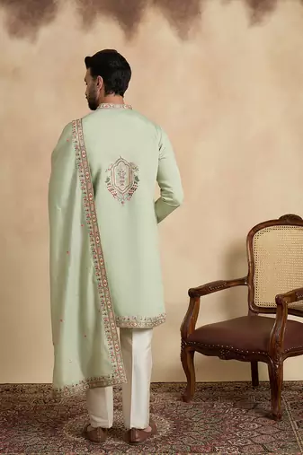 Men's green silk blend embroidered sequin kurta with dupatta trendy festive & wedding wear