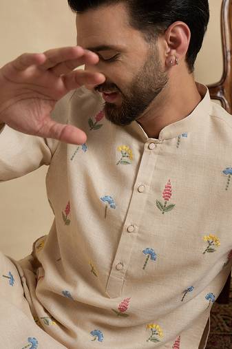 Men's beige linen embroidered solid kurta with trousers – trendy festive & wedding wear