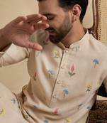Men's beige linen embroidered solid kurta with trousers – trendy festive & wedding wear