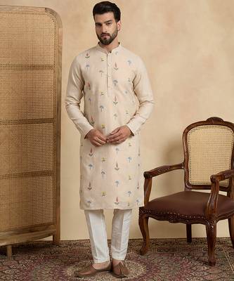 Men's beige linen embroidered solid kurta with trousers – trendy festive & wedding wear 2