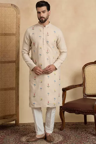 Men's beige linen embroidered solid kurta with trousers – trendy festive & wedding wear