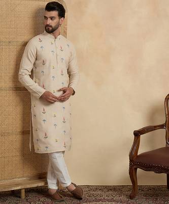 Men's beige linen embroidered solid kurta with trousers – trendy festive & wedding wear 3