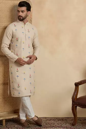 Men's beige linen embroidered solid kurta with trousers – trendy festive & wedding wear