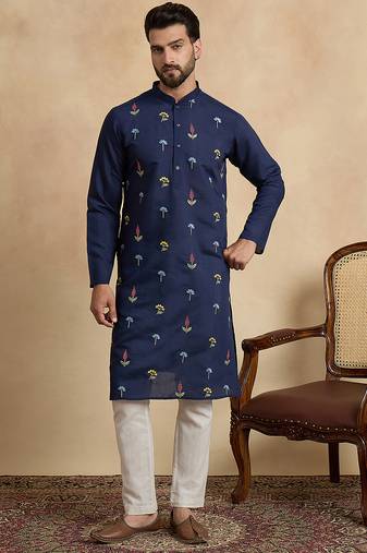 Men's navy blue silk blend embroidered solid kurta stylish festive ethnic wear