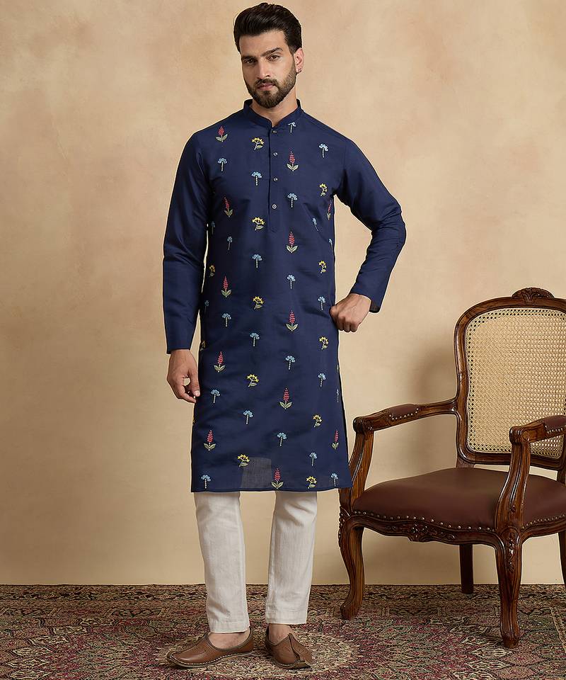 Men's navy blue silk blend embroidered solid kurta – stylish festive ethnic wear