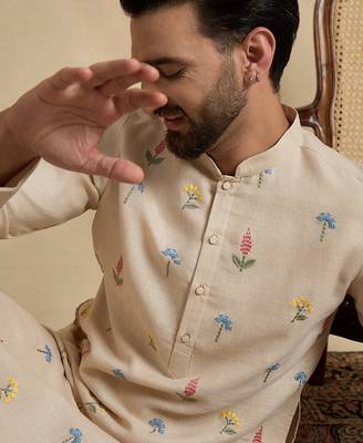Men's beige linen blend embroidered solid kurta – stylish festive ethnic wear 2