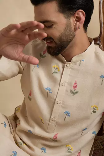 Men's beige linen blend embroidered solid kurta – stylish festive ethnic wear