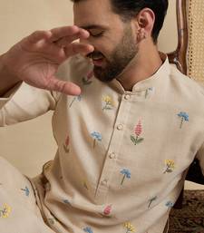 Men's beige linen blend embroidered solid kurta – stylish festive ethnic wear