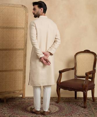 Men's beige linen embroidered solid kurta with trousers – trendy festive & wedding wear 4