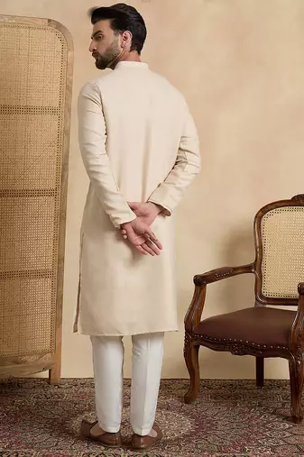 Men's beige linen embroidered solid kurta with trousers – trendy festive & wedding wear