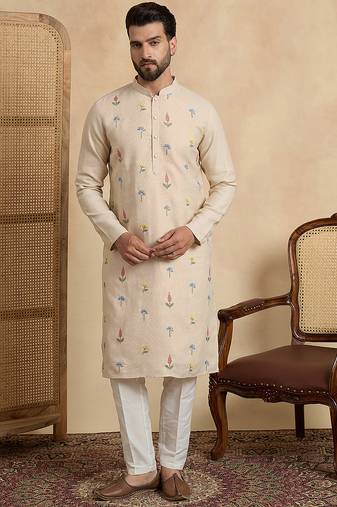 Men's beige linen blend embroidered solid kurta – stylish festive ethnic wear