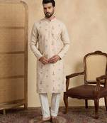 Men's beige linen blend embroidered solid kurta – stylish festive ethnic wear