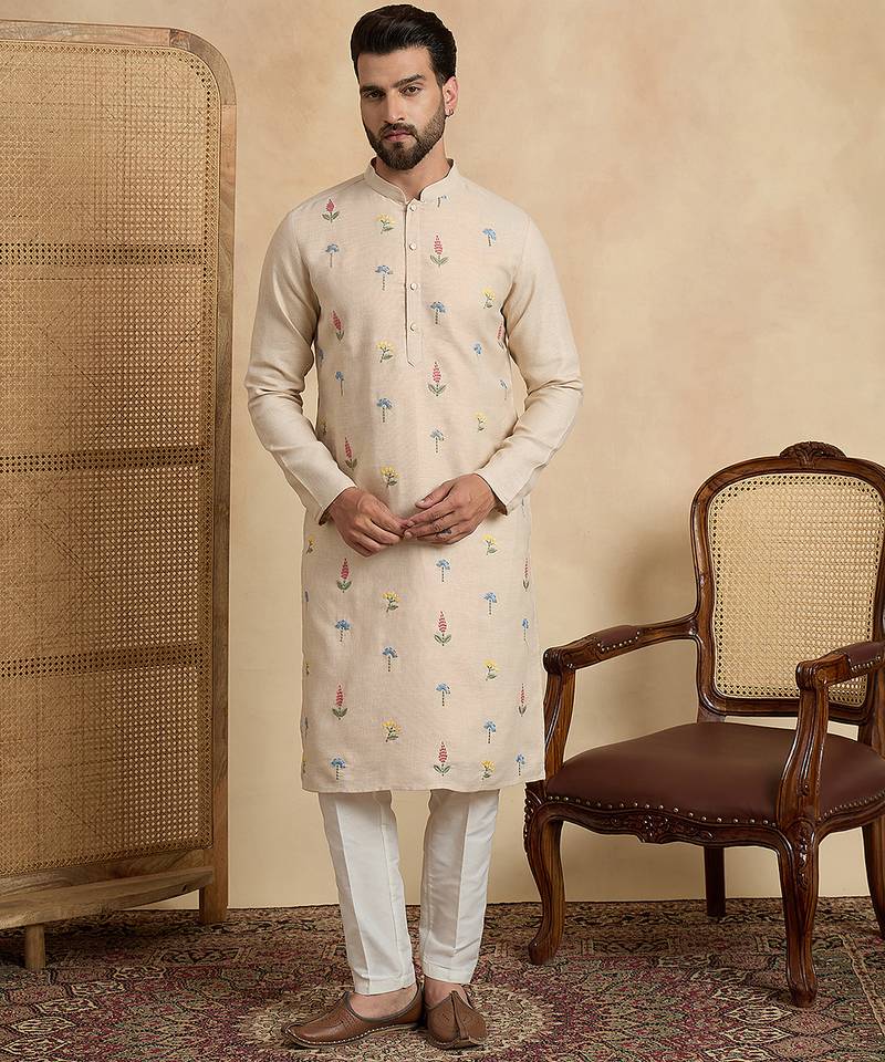 Men's beige linen blend embroidered solid kurta – stylish festive ethnic wear