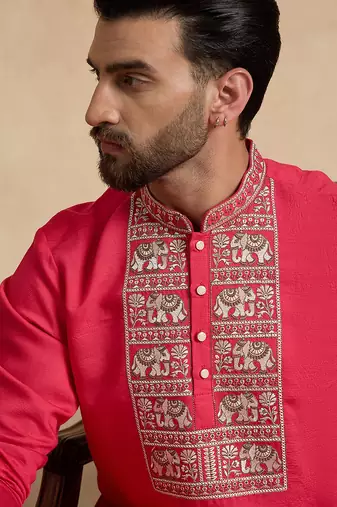 Men's pink viscose rayon embroidered solid kurta stylish festive ethnic wear