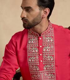 Men's pink viscose rayon embroidered solid kurta – stylish festive ethnic wear
