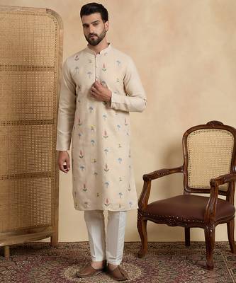 Men's beige linen embroidered solid kurta with trousers – trendy festive & wedding wear 5