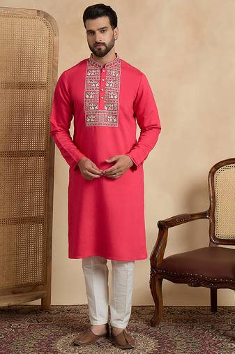 Men's pink viscose rayon embroidered solid kurta – stylish festive ethnic wear