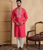 Men's pink viscose rayon embroidered solid kurta – stylish festive ethnic wear
