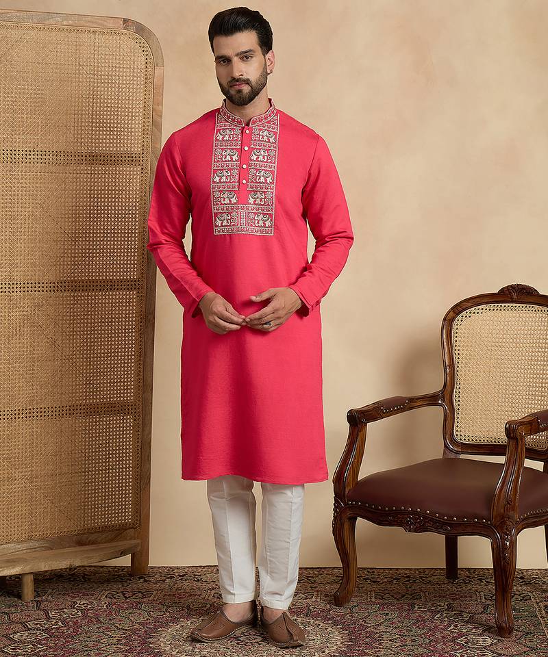 Men's pink viscose rayon embroidered solid kurta – stylish festive ethnic wear