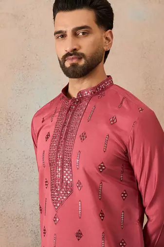 Men's pink silk blend embroidered solid kurta – stylish festive ethnic wear