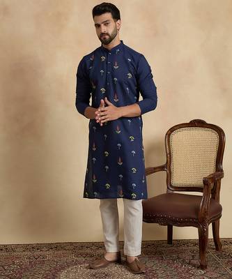 Men's navy blue silk blend embroidered solid kurta – stylish festive ethnic wear 5