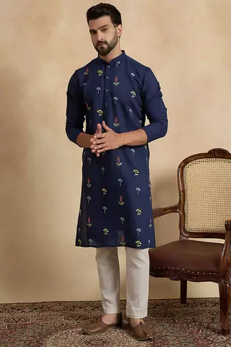 Men's navy blue silk blend embroidered solid kurta stylish festive ethnic wear