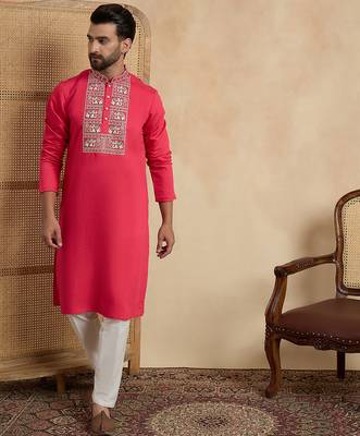 Men's pink viscose rayon embroidered solid kurta – stylish festive ethnic wear 3