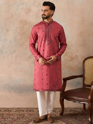 Men's pink silk blend embroidered solid kurta – stylish festive ethnic wear 1
