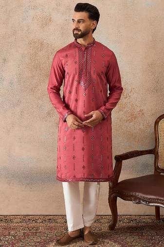 Men's pink silk blend embroidered solid kurta – stylish festive ethnic wear