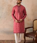 Men's pink silk blend embroidered solid kurta – stylish festive ethnic wear