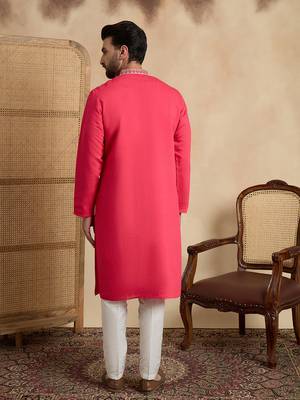 Men's pink viscose rayon embroidered solid kurta – stylish festive ethnic wear 4