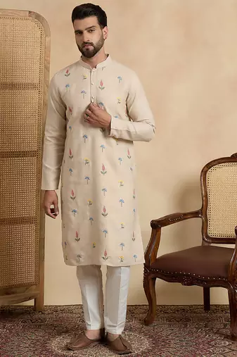 Men's beige linen blend embroidered solid kurta – stylish festive ethnic wear