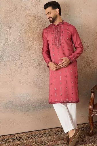 Men's pink silk blend embroidered solid kurta – stylish festive ethnic wear