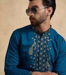 Men's blue silk blend embroidered solid kurta – stylish festive ethnic wear