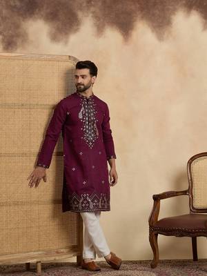 Men's purple silk blend embroidered solid kurta – stylish festive ethnic wear 1
