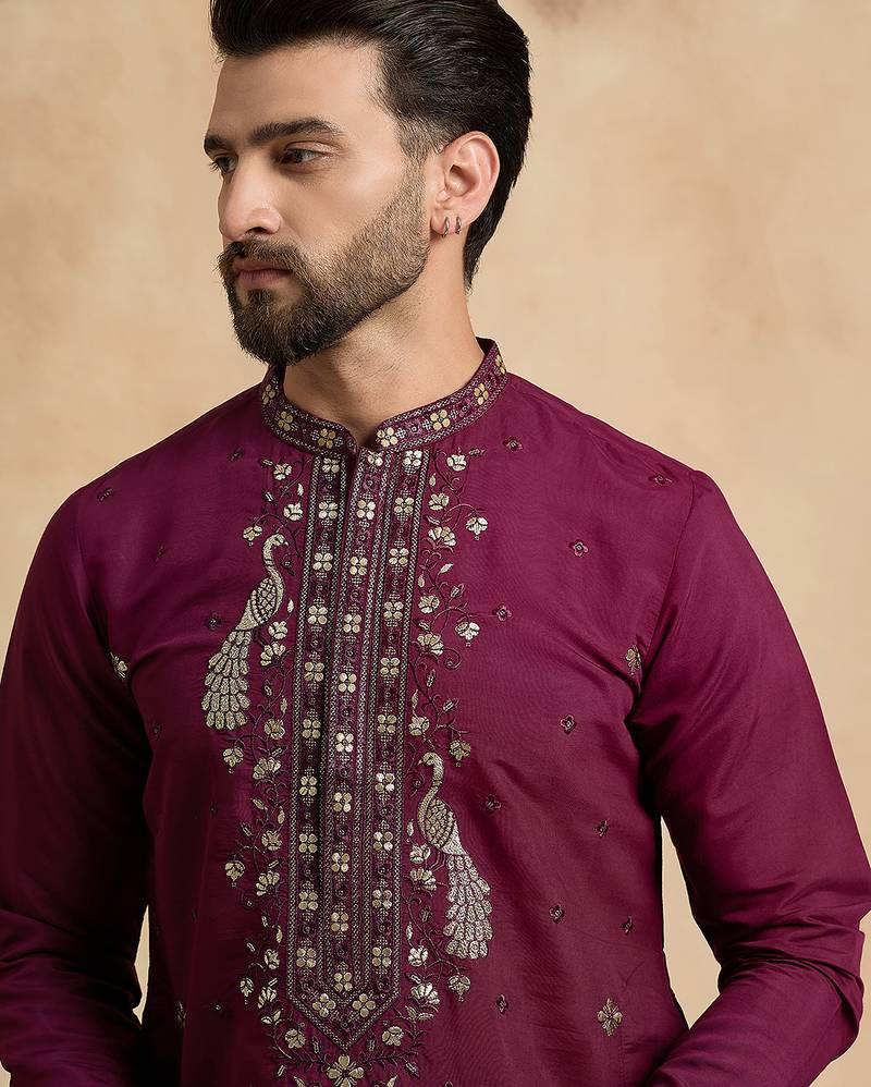 Men's purple silk blend embroidered solid kurta – stylish festive ethnic wear