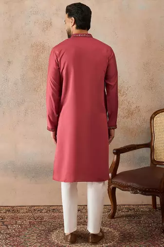 Men's pink silk blend embroidered solid kurta – stylish festive ethnic wear