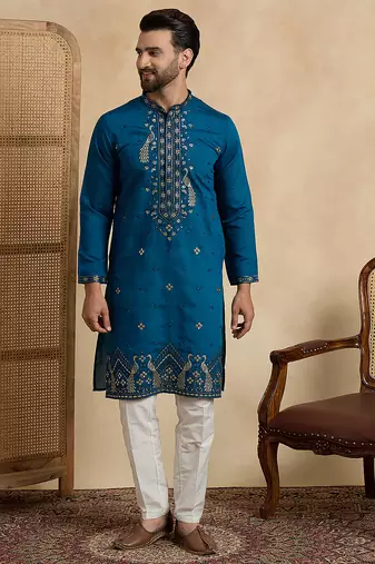 Men's blue silk blend embroidered solid kurta stylish festive ethnic wear