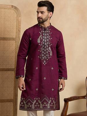 Men's purple silk blend embroidered solid kurta – stylish festive ethnic wear 2