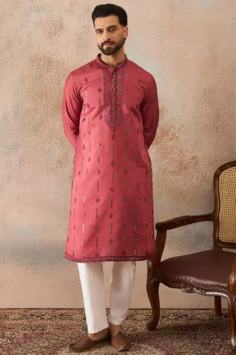 Men's pink silk blend embroidered solid kurta – stylish festive ethnic wear