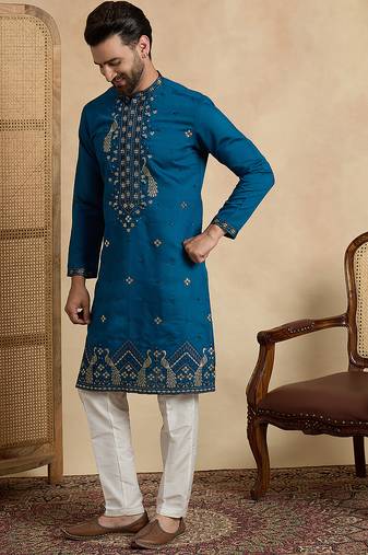 Men's blue silk blend embroidered solid kurta stylish festive ethnic wear