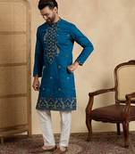 Men's blue silk blend embroidered solid kurta – stylish festive ethnic wear