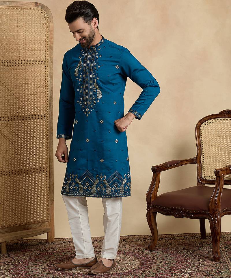 Men's blue silk blend embroidered solid kurta – stylish festive ethnic wear