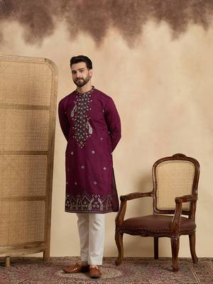 Men's purple silk blend embroidered solid kurta – stylish festive ethnic wear 3