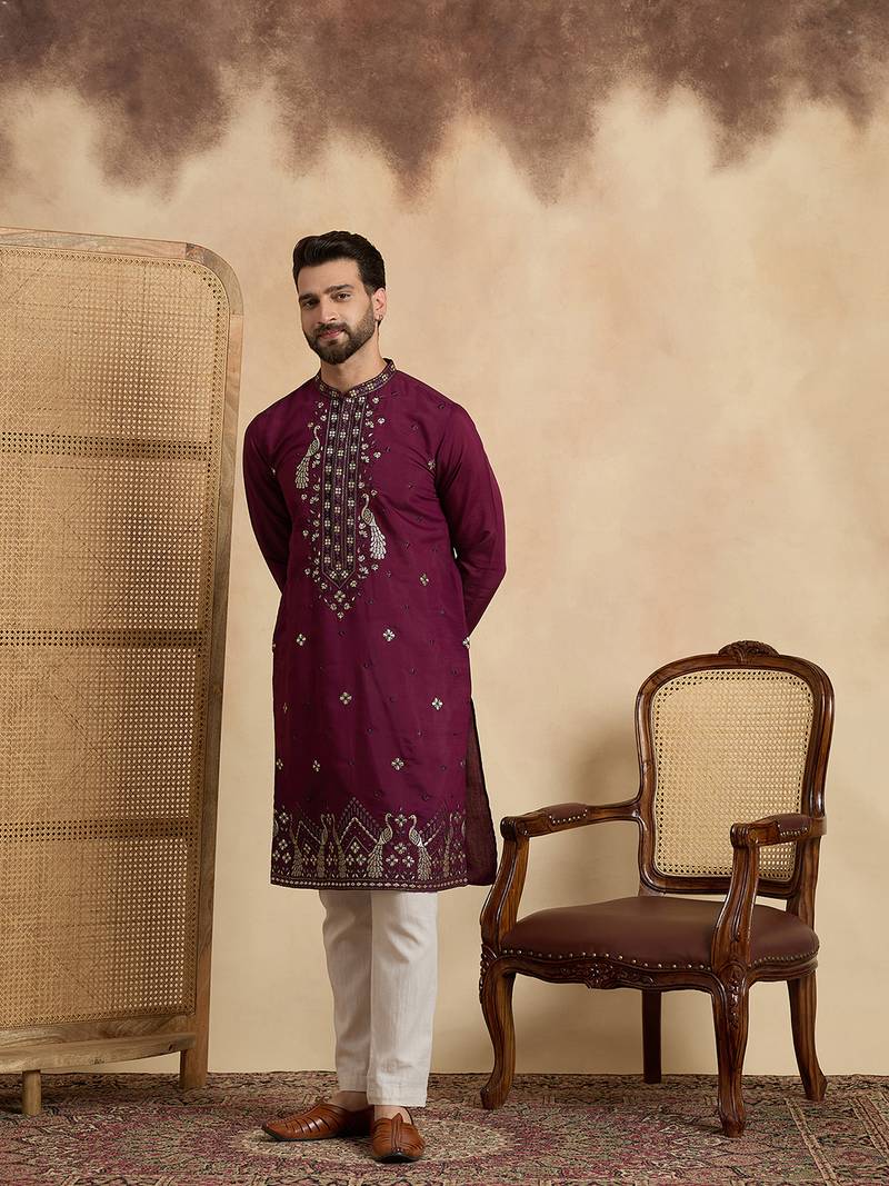 Men's purple silk blend embroidered solid kurta – stylish festive ethnic wear