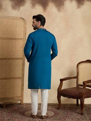 Men's blue silk blend embroidered solid kurta – stylish festive ethnic wear 4